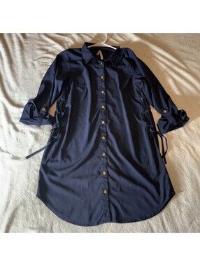 True Destiny Lace Up Side Button Front Shirt Dress | Women's S Blue (2114)